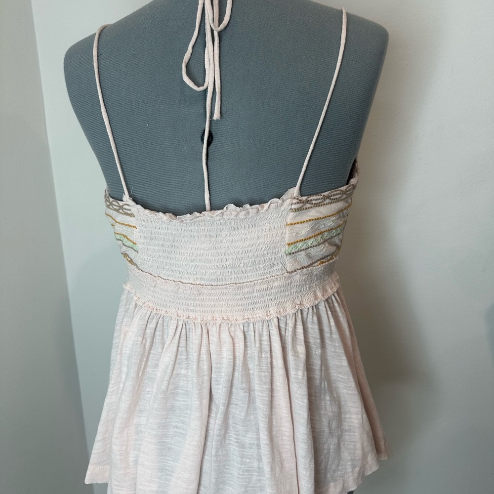 Free People Well Traveled Strappy Pink Embroidered Linen Cotton Tank Large - Picture 7 of 14